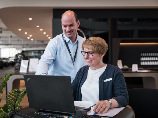 Mitarbeiter erklärt Mitarbeiterin am Laptop etwas