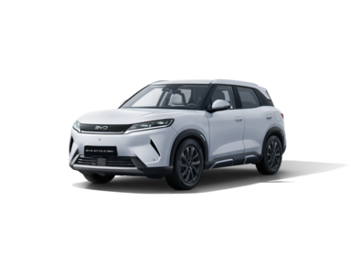 Weißer SUV mit schwarzem Dach und schwarzen Felgen von schräg vorne rechts