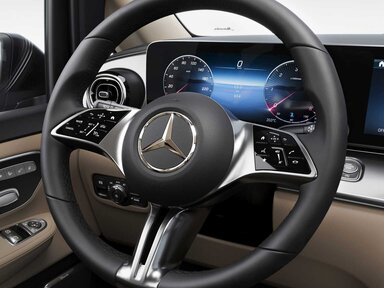 Das Multifunktionslenkrad mit Touch-Bedienfeldern der Mercedes-Benz V-Klasse 2026