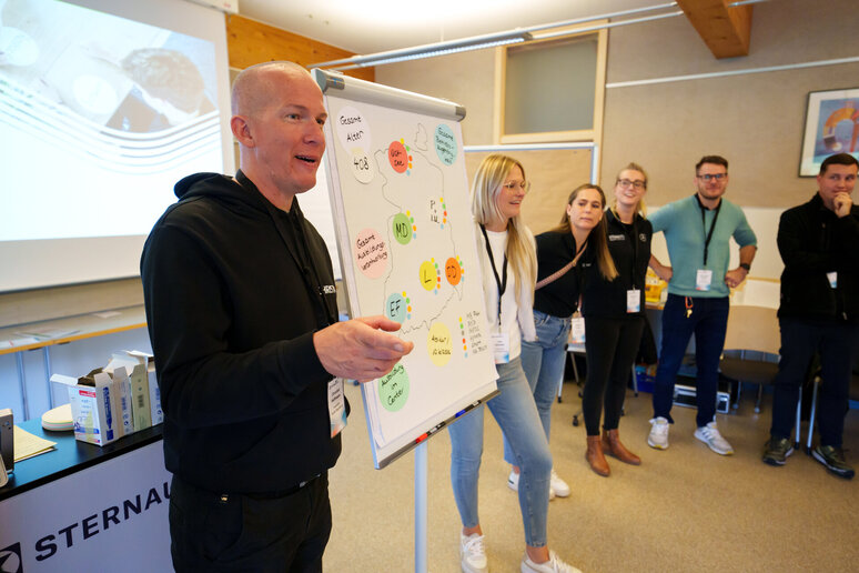 Ein Mann steht neben einem Flipchart mit bunten Diagrammen und erklärt einer Gruppe von sechs aufmerksamen Personen in einem Klassenzimmer etwas. Im Hintergrund sind eine Projektionsleinwand und Unterrichtsmaterialien zu sehen.