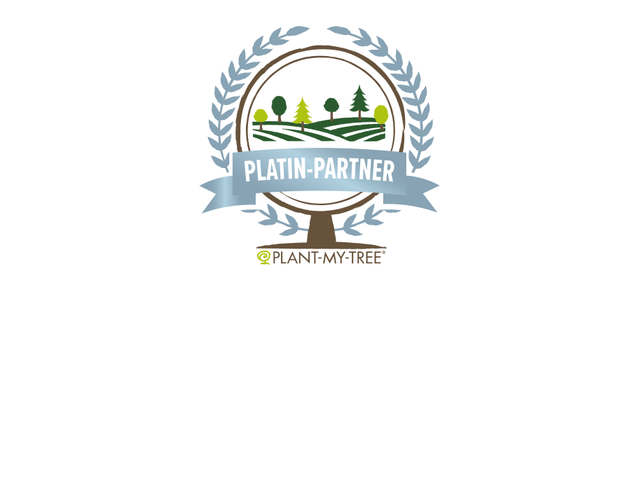 Abzeichen mit stilisierten Bäumen, blauem Band mit Schrift 'PLATIN-PARTNER' und Schriftzug 'PLANT-MY-TREE' darunter.